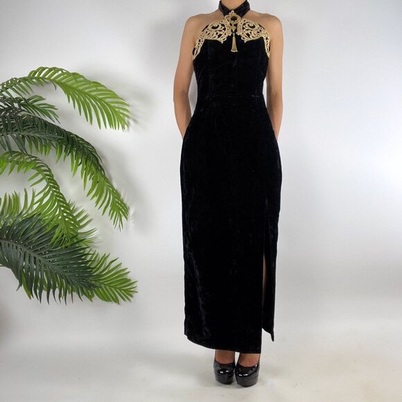 Vintage 90s Black Velvet Whimsygoth Romantic Gothic Halter Evening Prom Dress /6 - Picture 3 of 12